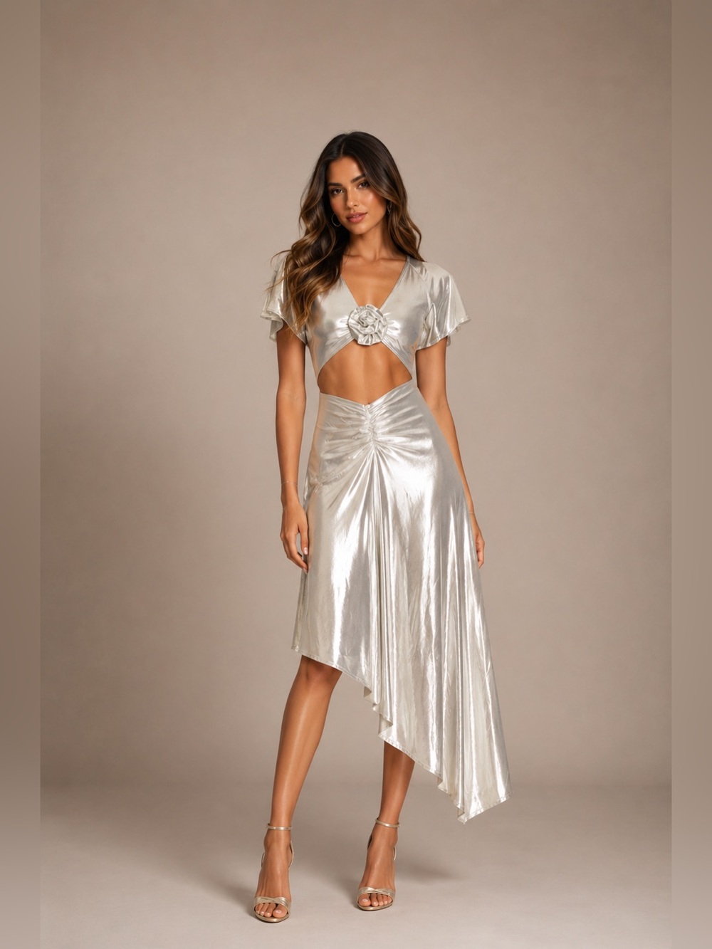 NWT WeWoreWhat Shimmering Silver Asymmetrical Foil Midi Dress